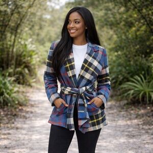 Allegra K Women's Multicolor Plaid Belted Blazer